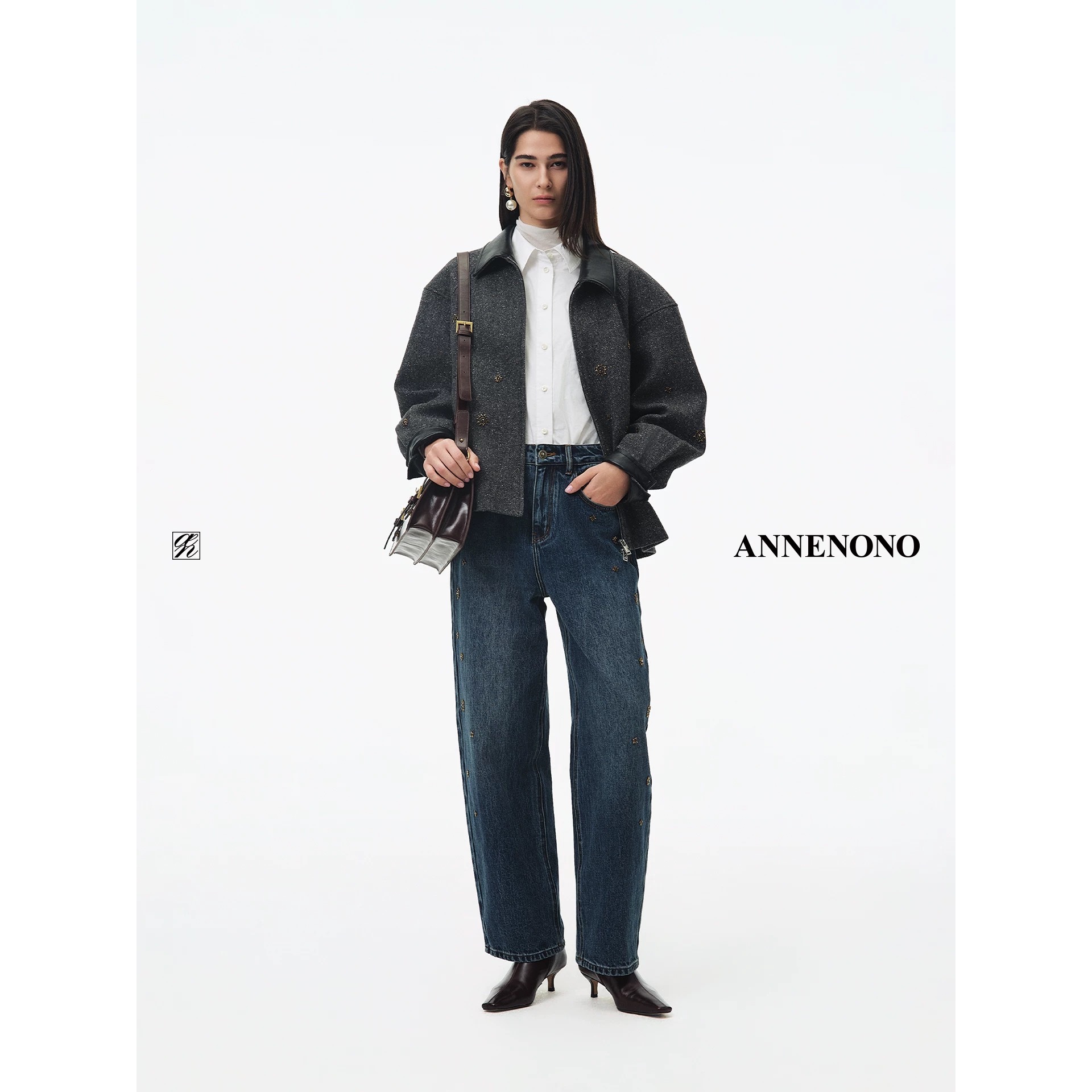 UCUT简刀 ANNENONO 秋季25摩登现代风拼皮钉珠夹克女短外套3385