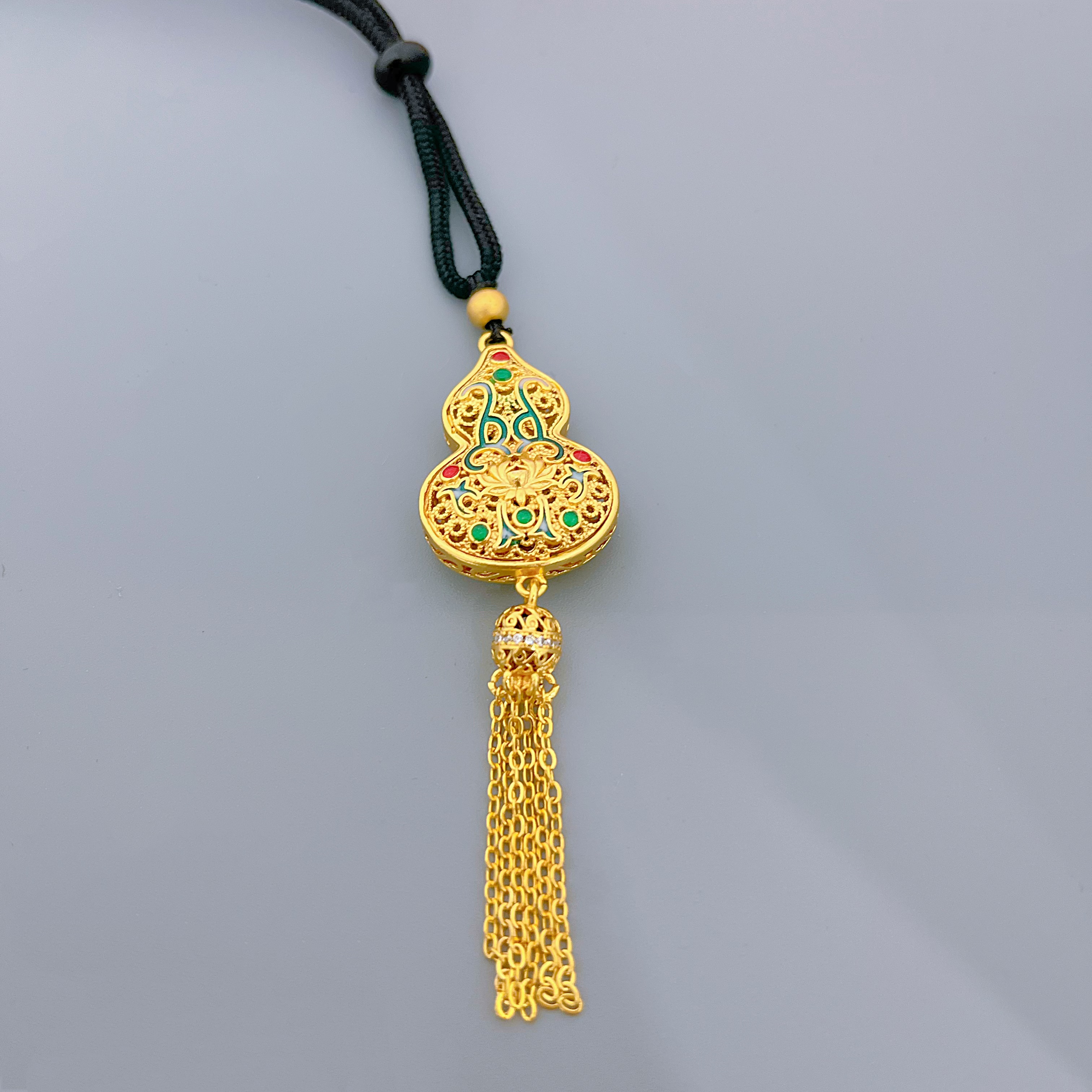 合金项链 2989合金新中式珐琅彩莲花葫芦流苏毛衣项链