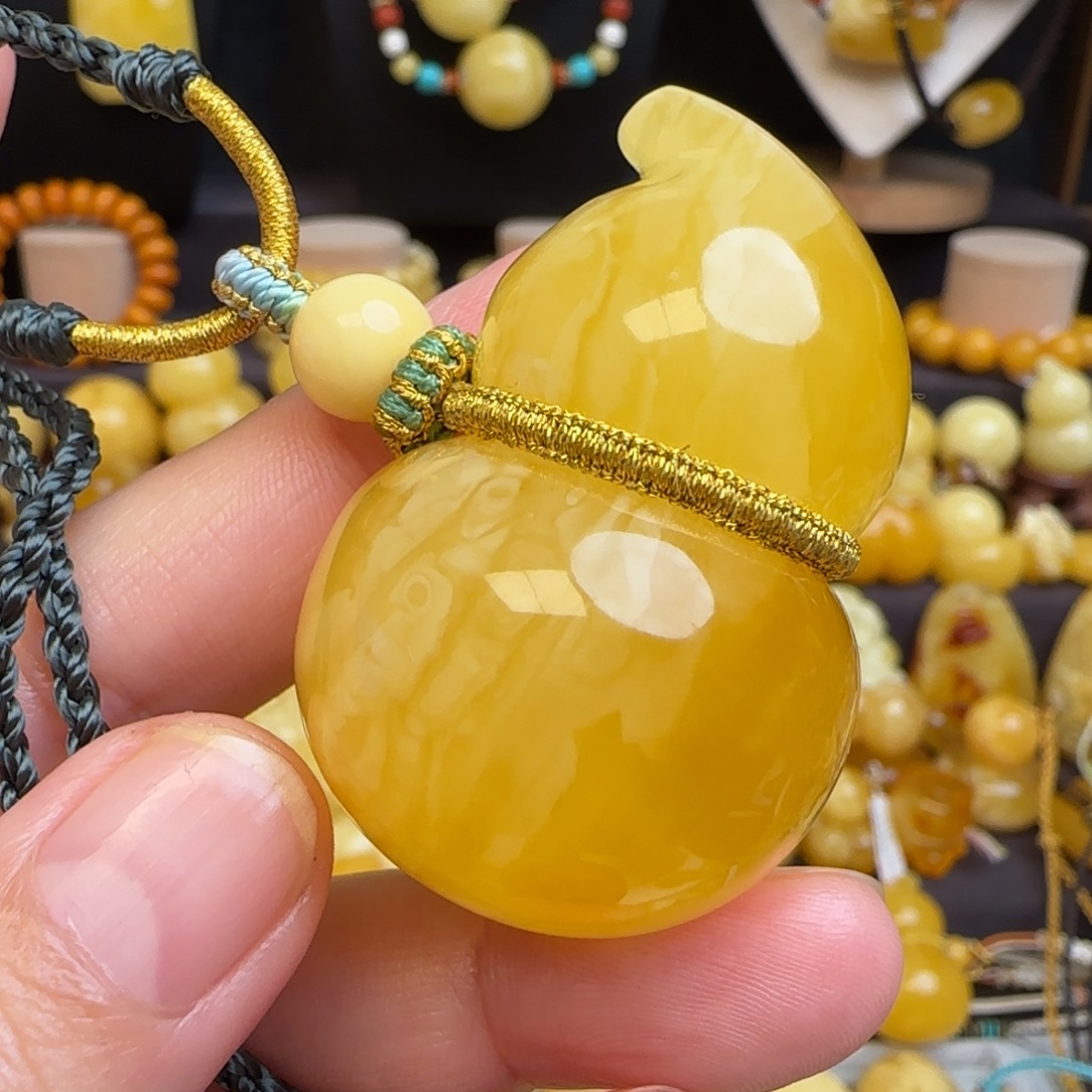 琥珀未镶嵌套链天然虎皮妖花蜜蜡葫芦吊坠