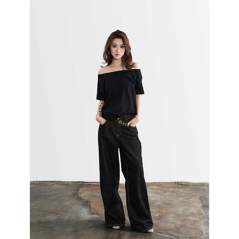 SICCI施施短袖一字肩休闲抗皱T恤不规则女士小众夏季设计师SDL150