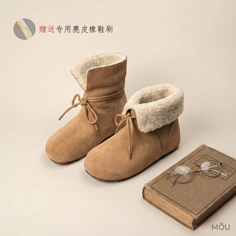 百搭加绒翻毛勃肯鞋加厚保暖一鞋两穿系带毛绒短靴平底韩版短筒
