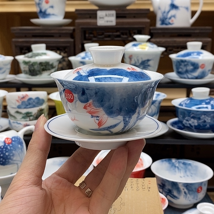 手绘荷花三才盖碗100cc釉下彩微瑕福利款