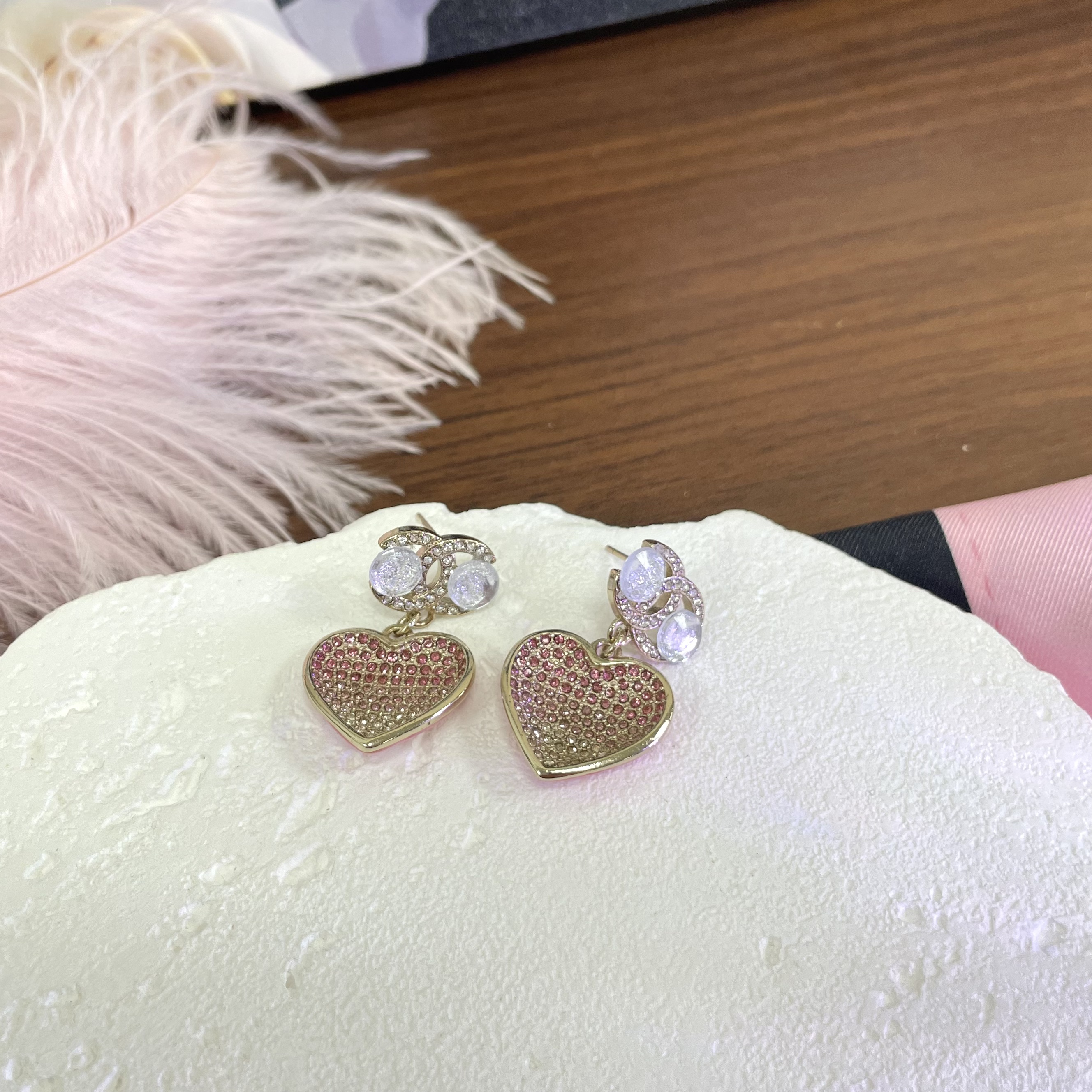 铜合金耳饰 E39粉色爱心奶家耳环项链轻奢高级