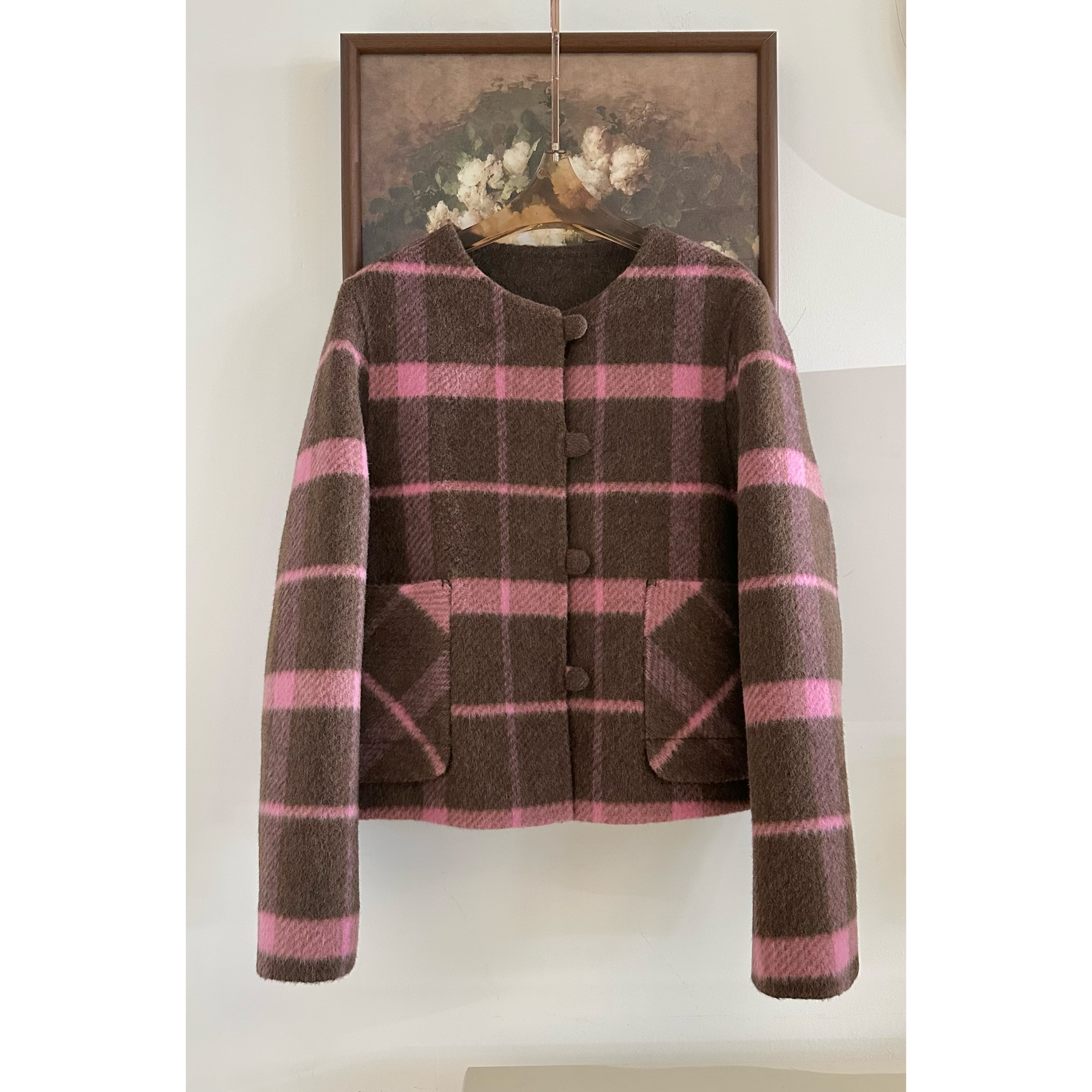 【胡桃木屿】路蔓法冬季新款气质时尚格子圆领羊毛双面外套MF-2224