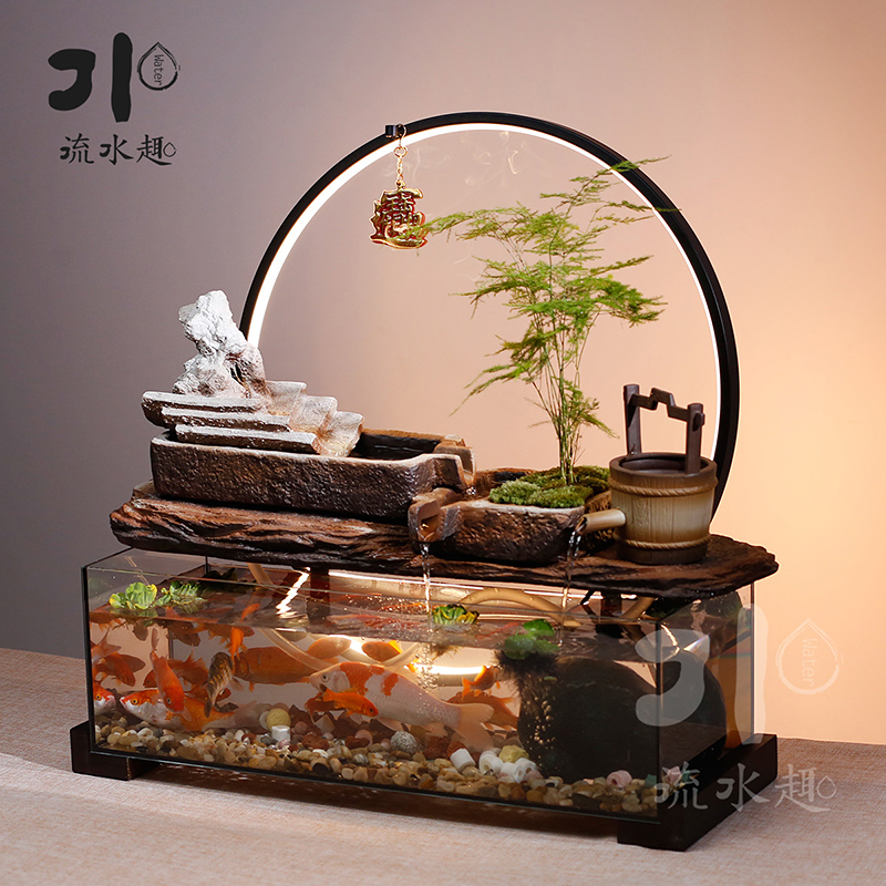 流水金鱼缸流水摆件水到渠成灯圈摆件循环玻璃景观客厅开业礼品