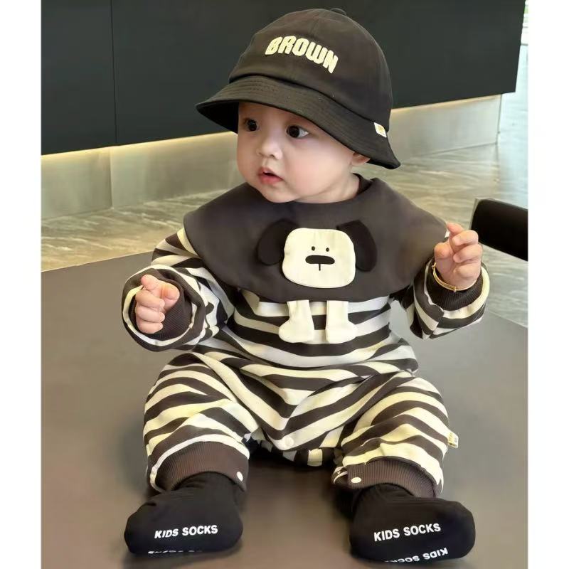 儿童秋冬衣服婴儿卡通条纹长袖连体衣新生儿爬服满月宝宝秋装哈衣