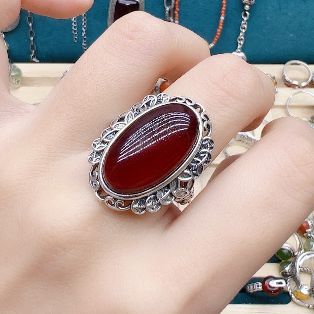 血珀戒指银S925镶嵌天然