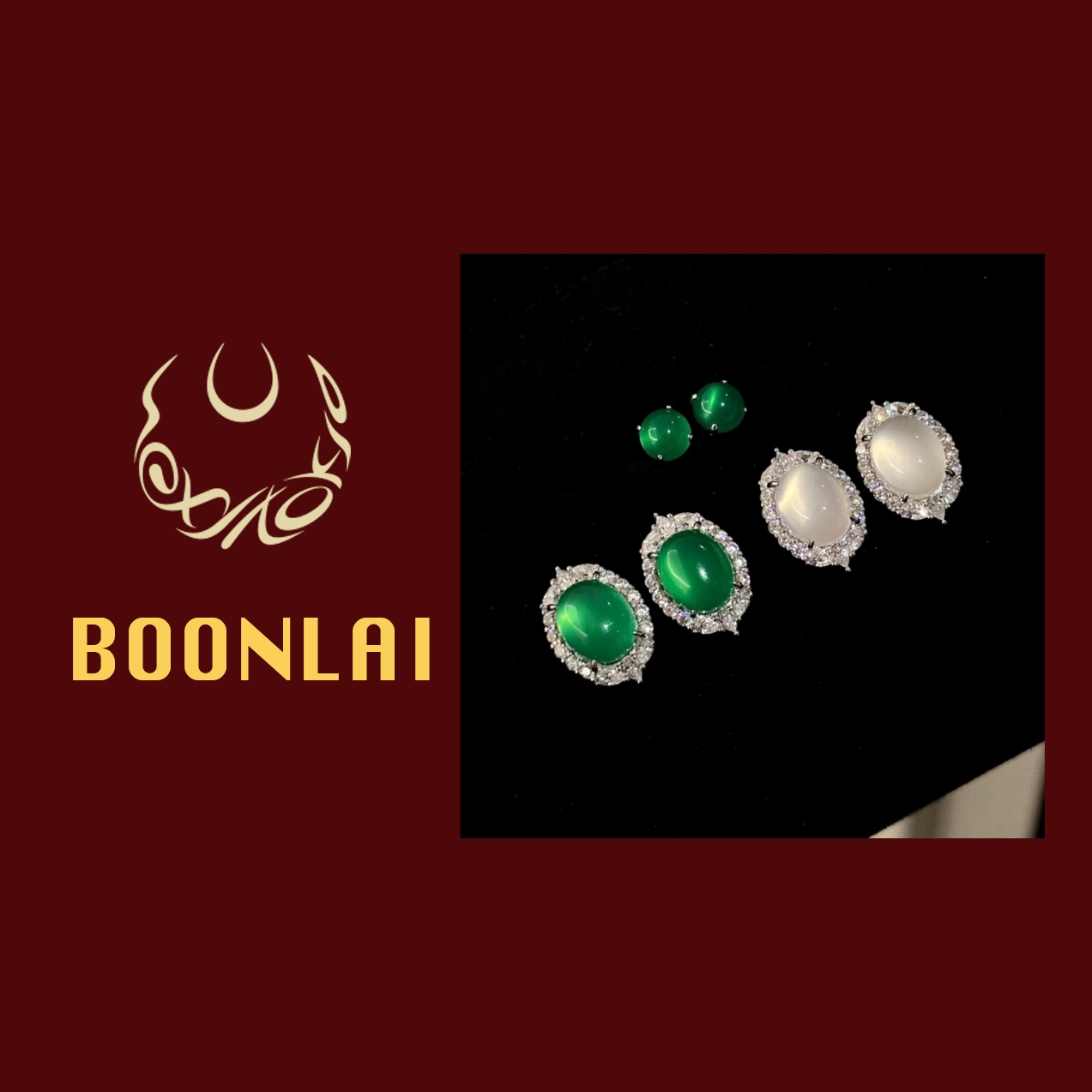 铜合金锆石耳饰 【满七免一】Boonlai 新中式椭圆绿色镶钻耳环1411