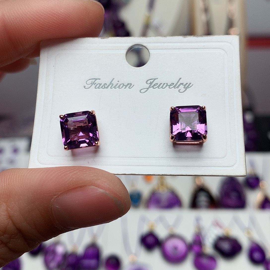 紫晶耳钉银S925镶嵌方糖