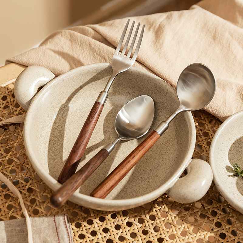 摩登主妇木柄勺子304不锈钢家用高档精致吃饭汤匙长柄叉子喝汤勺