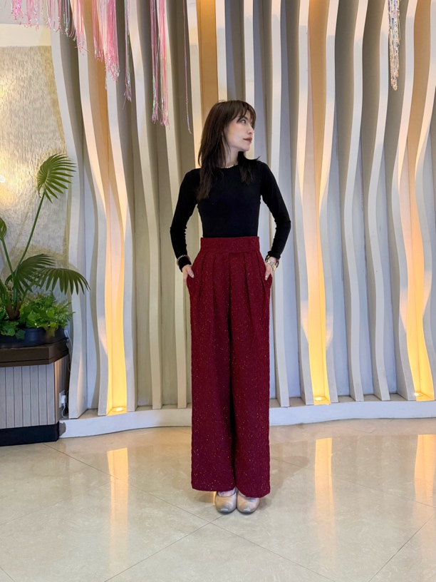 辰艺摩登红色小香风冬款高腰阔腿摩登裤