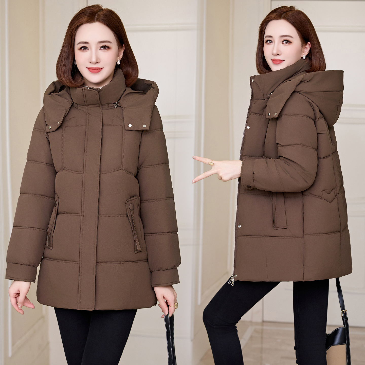 【帽可拆】休闲风女厚款棉服极简中长款棉袄加厚妈妈装宽松冬季棉衣