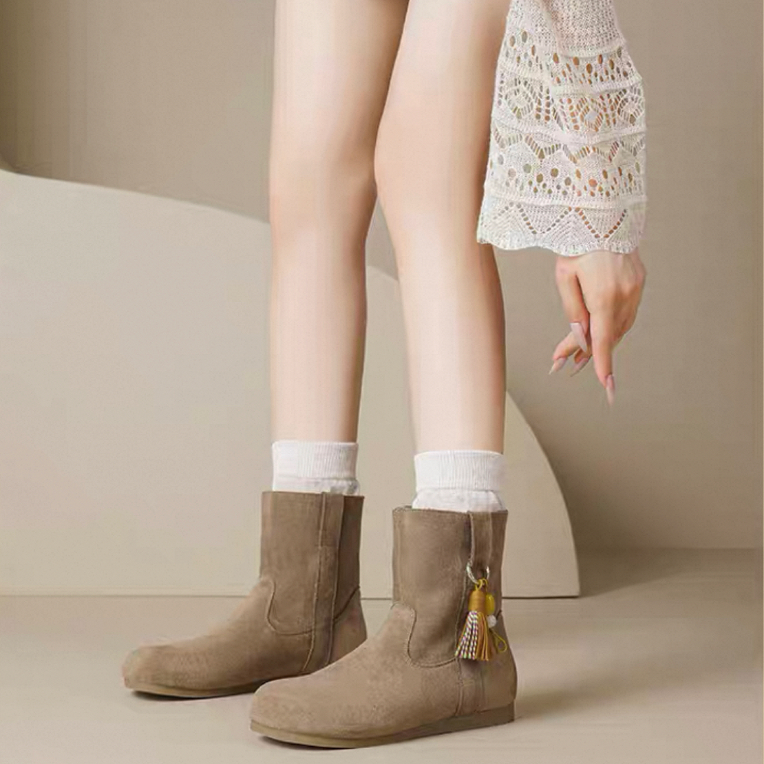 新款复古废土风西部短筒圆头勃肯靴