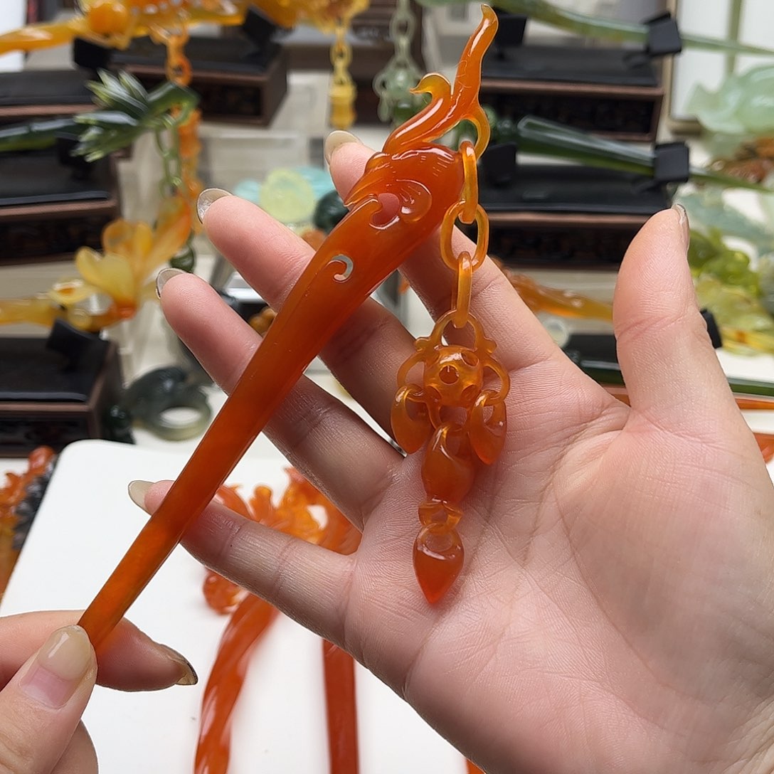 蛇纹石玉岫玉发簪未镶嵌空*