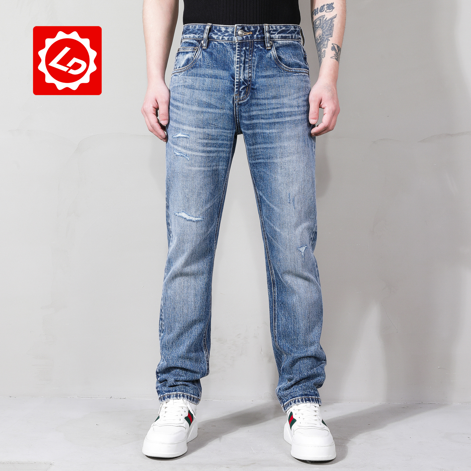 【直筒】EA507唠叨牛仔春季男士微弹破洞大牛宽松直筒牛仔裤