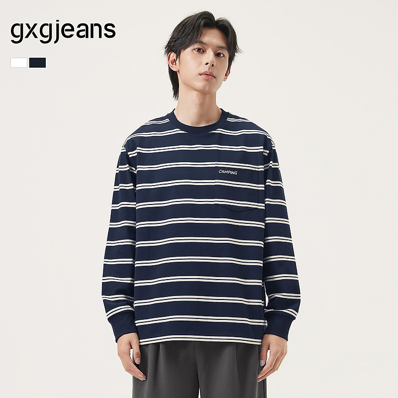 gxg.jeans男装 多色撞色条纹时尚宽松圆领长袖T恤男 25年秋新品