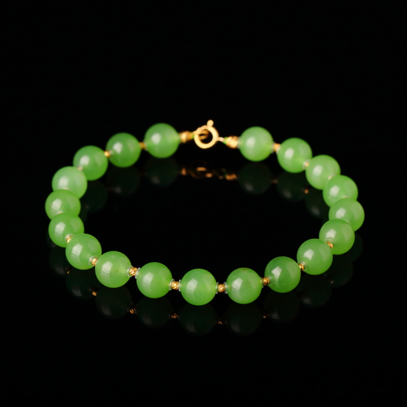 【泓贝珠宝-N241】18k金配饰和田玉苹果绿色典藏级手串NGTC国检证书