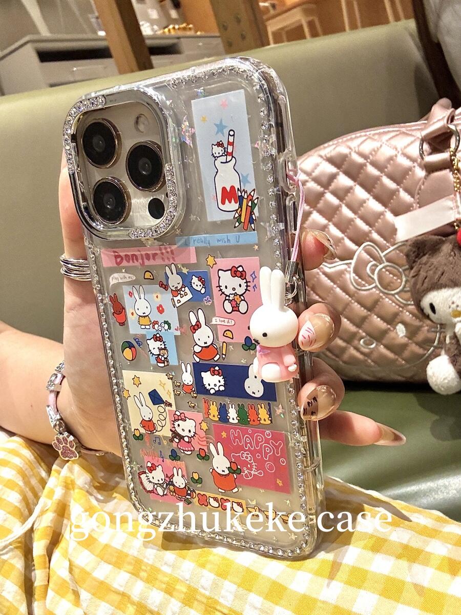 闪钻米菲兔kitty插画适用苹果16Promax手机壳苹果1514/13/14pro 