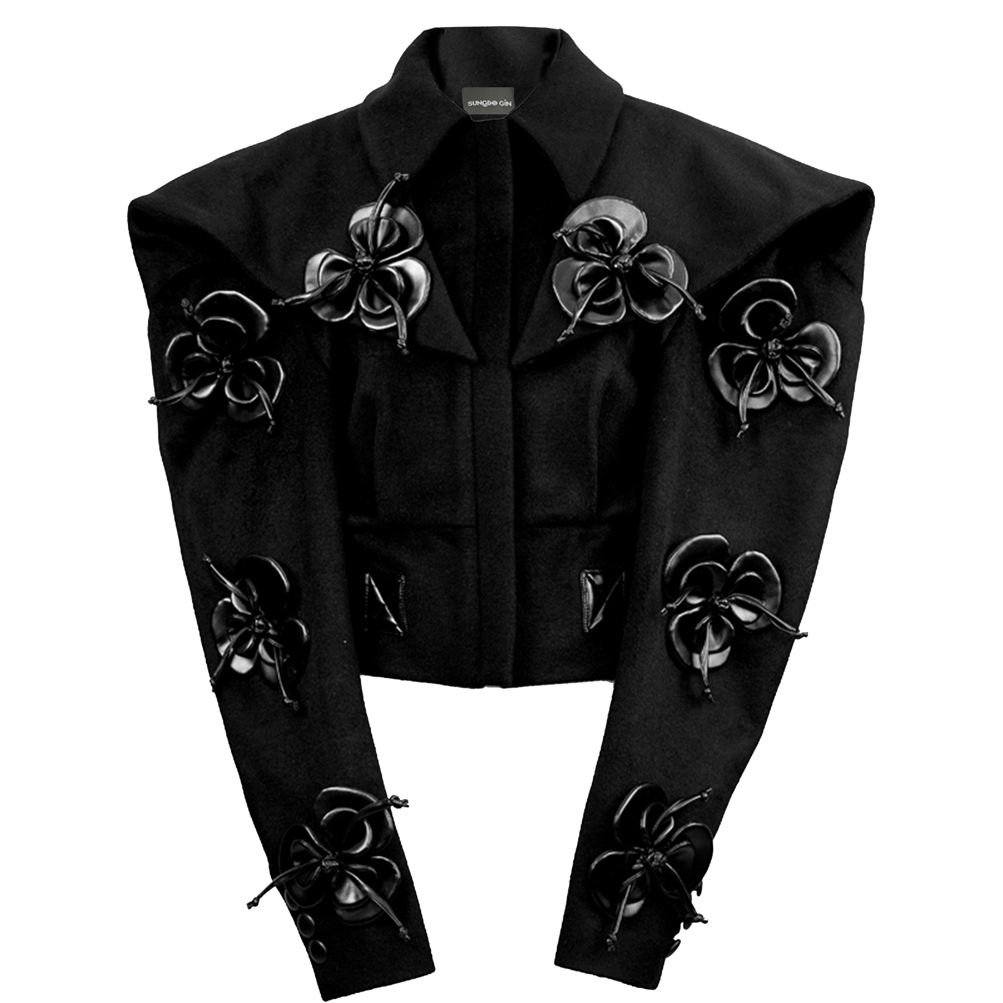 SUNGDOGIN黑色三色堇立体花大翻领斗篷羊毛短外套