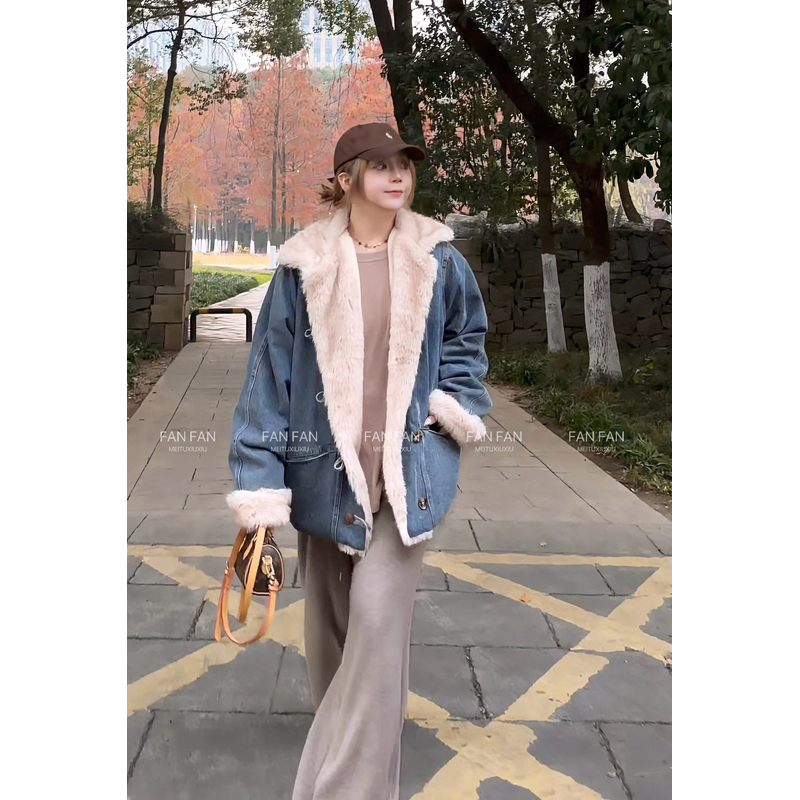 【夏夏】日光茧房-大码冬季新款加厚宽松复古拼接牛仔外套F0093