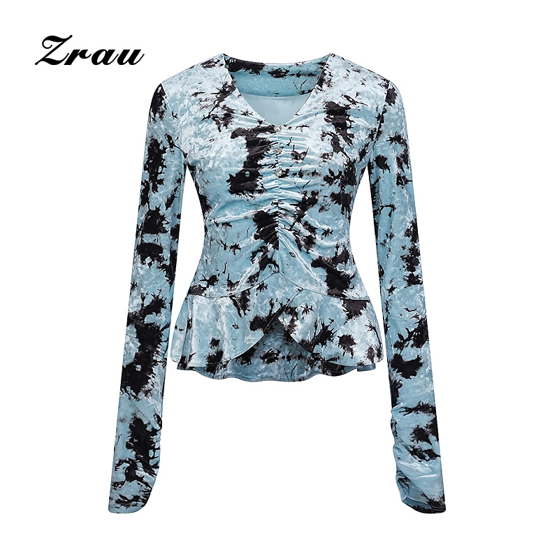 【达人专属】ZRAU设计感晕染抽褶V领长袖上衣Z1244A0005