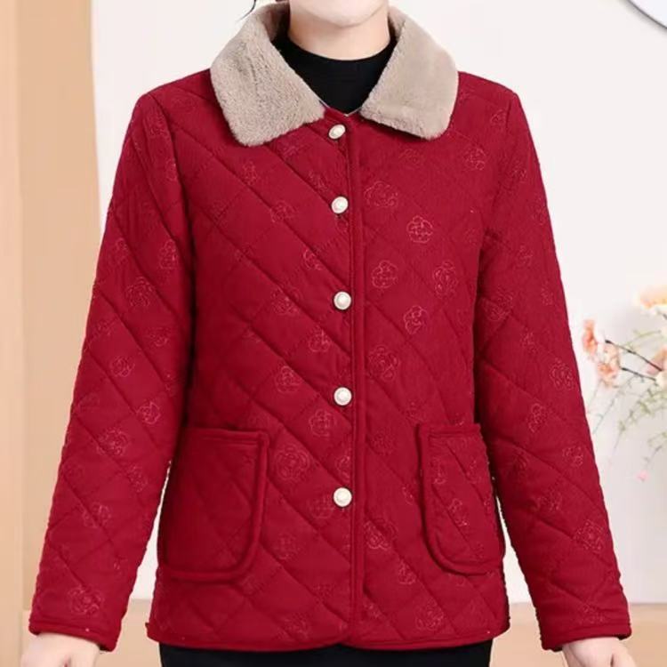 冬季妈妈装灯芯绒棉衣加厚加绒保暖中老年翻领提花棉袄夹棉短款