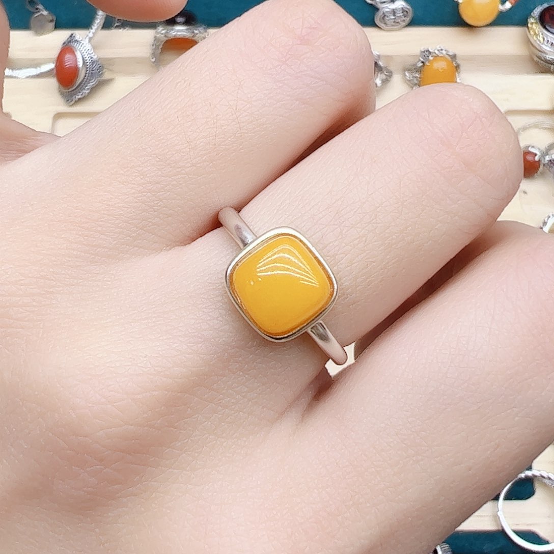 蜜蜡戒指银S925镶嵌天然