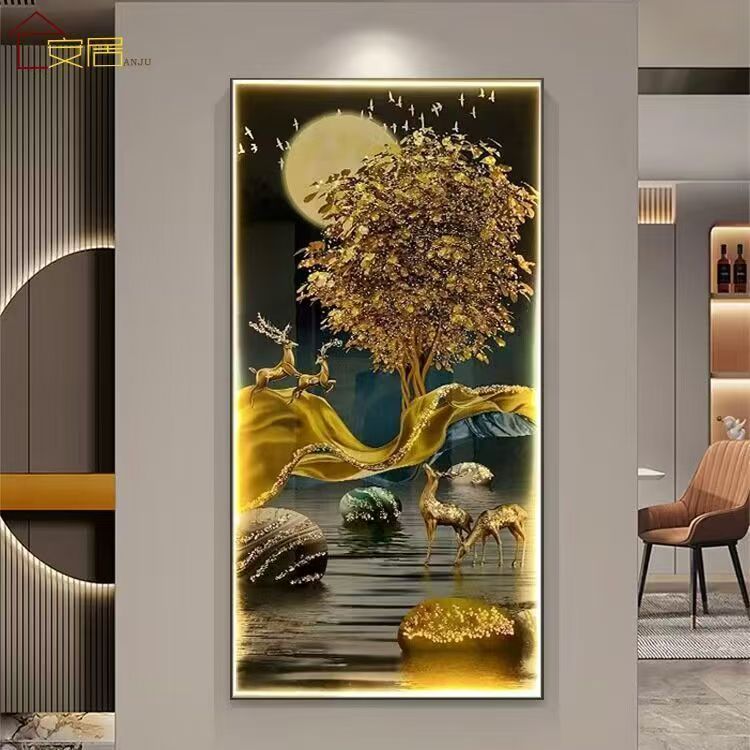 w06入户玄关装饰画杏叶福鹿现代简约发光画走廊过道壁画