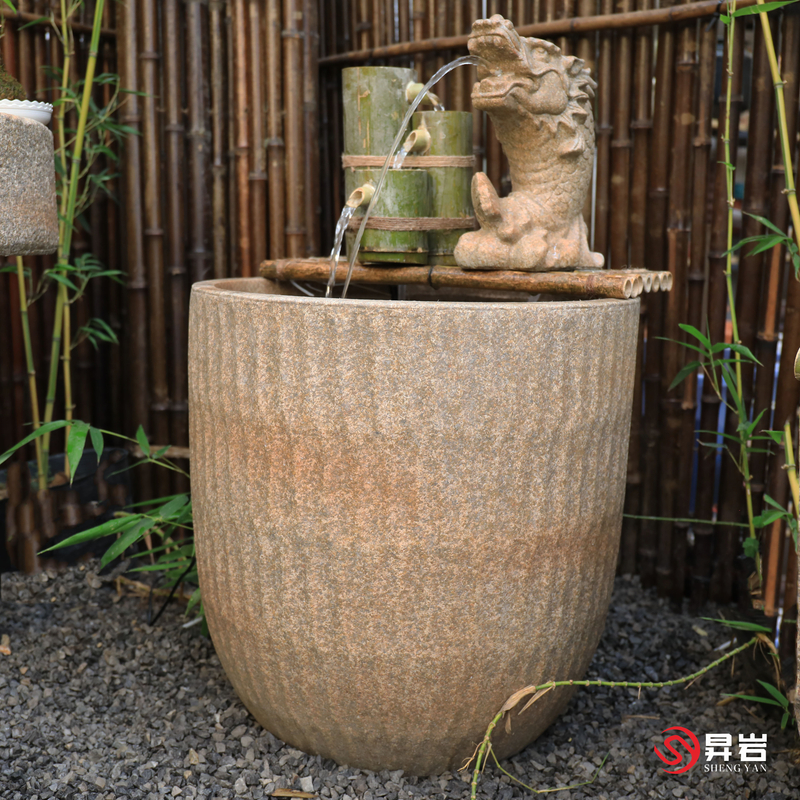 昇岩昇岩中式户外庭院流水花纹水缸循环禅意摆件吐水兽水缸造景