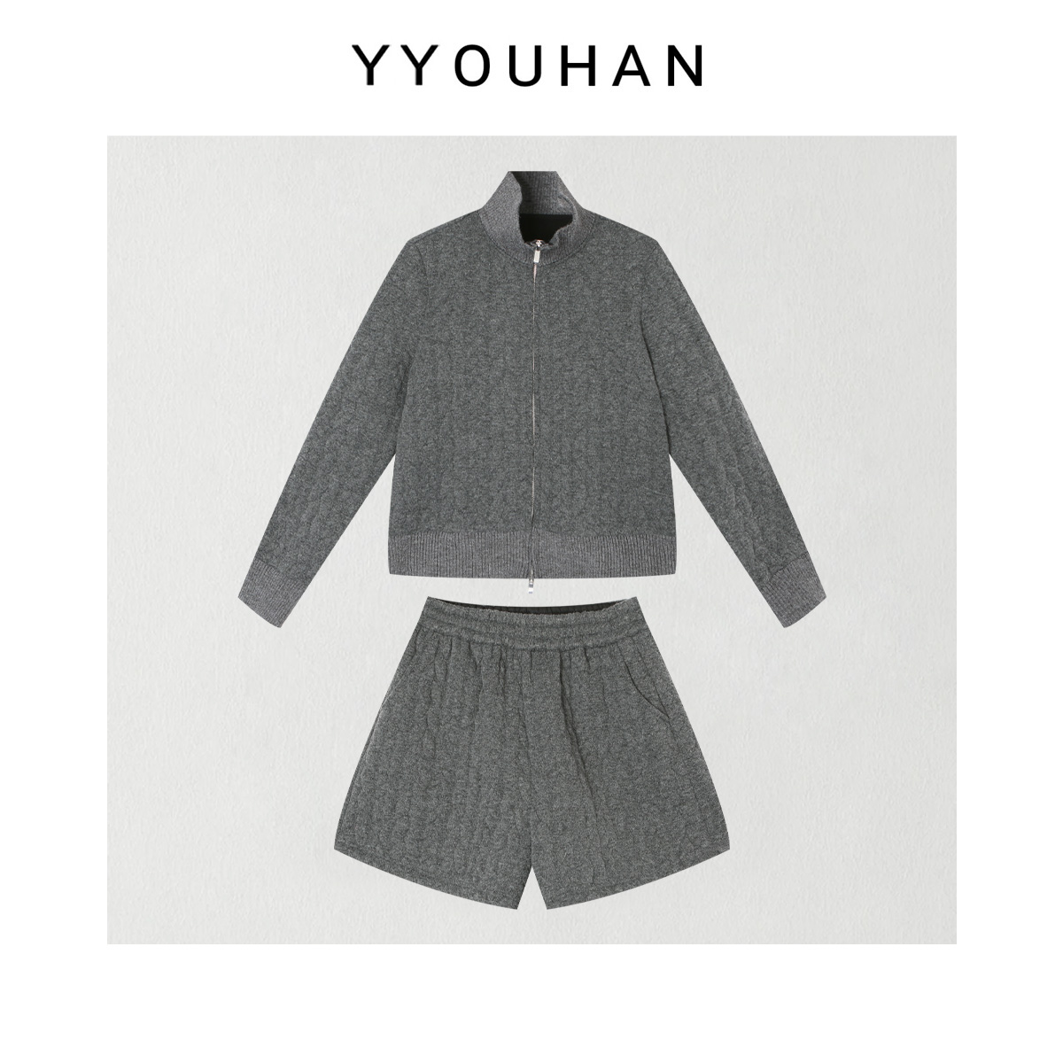 月月 冬季新款小众设计双拉链立领麻花针织短裤两件套 2512C8923