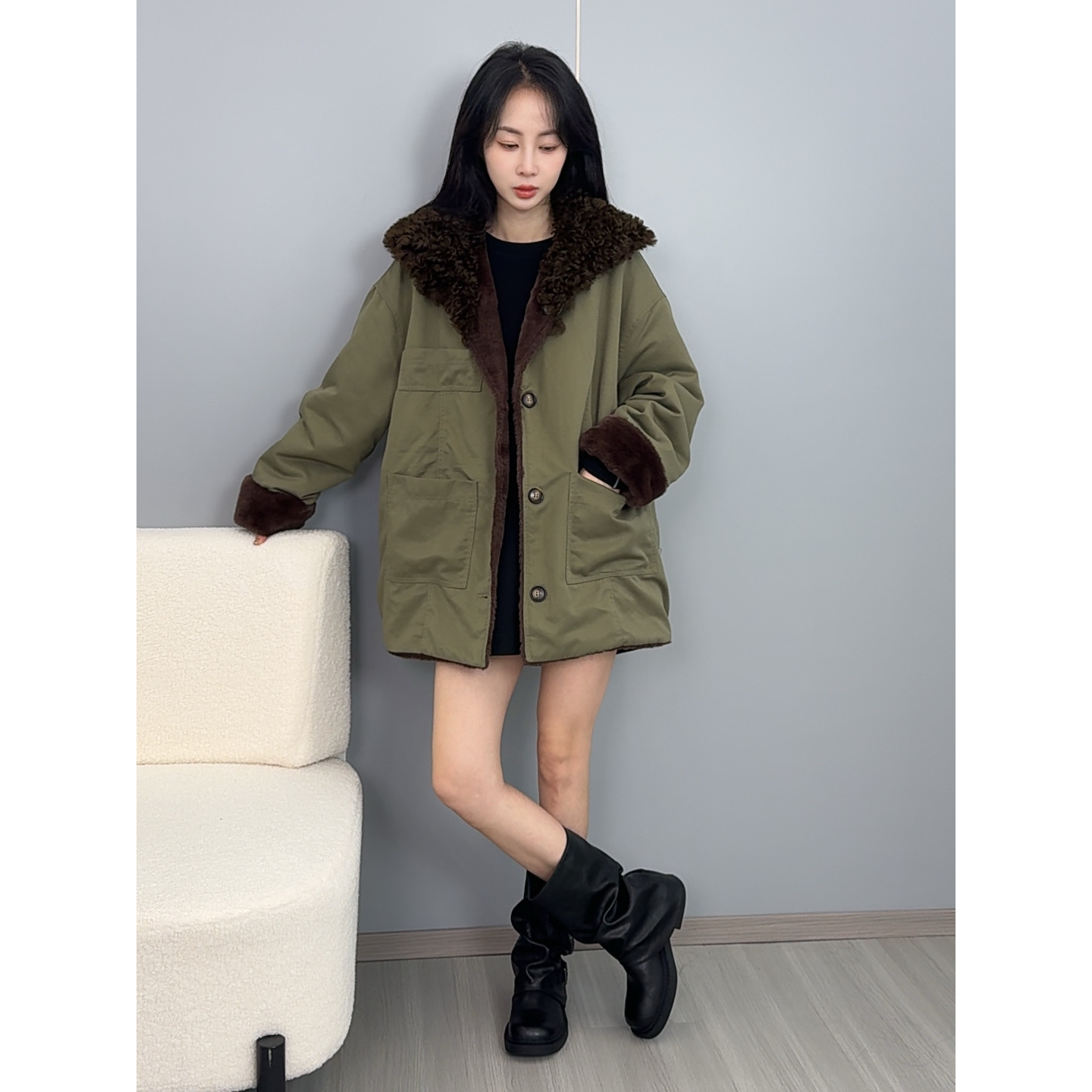 派克服女短款款翻毛领一衣2穿冬季新款毛毛外套大衣时尚百搭WT015