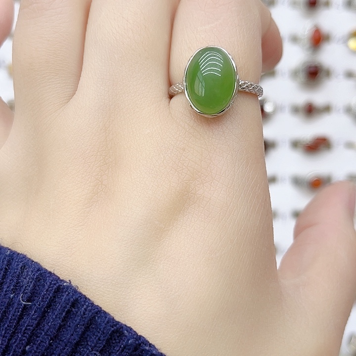 和田玉戒指银S925镶嵌天然