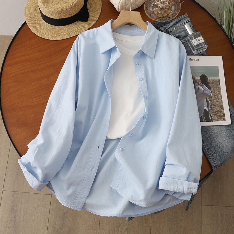 100%棉，不起球通勤长袖女式磨毛衬衫女叠穿宽松显瘦休闲衬衣
