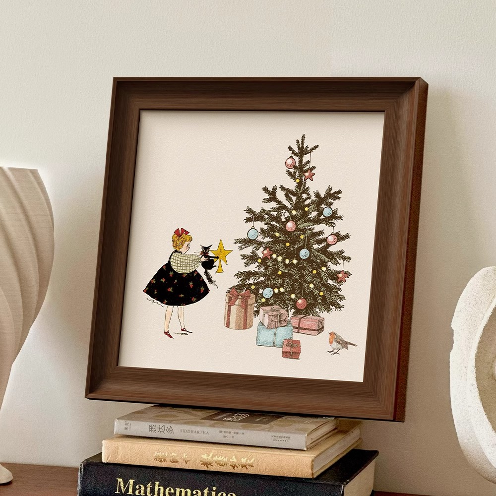 砂岩画复古风格圣诞女孩素描客厅沙发背景墙装饰画肌理挂画