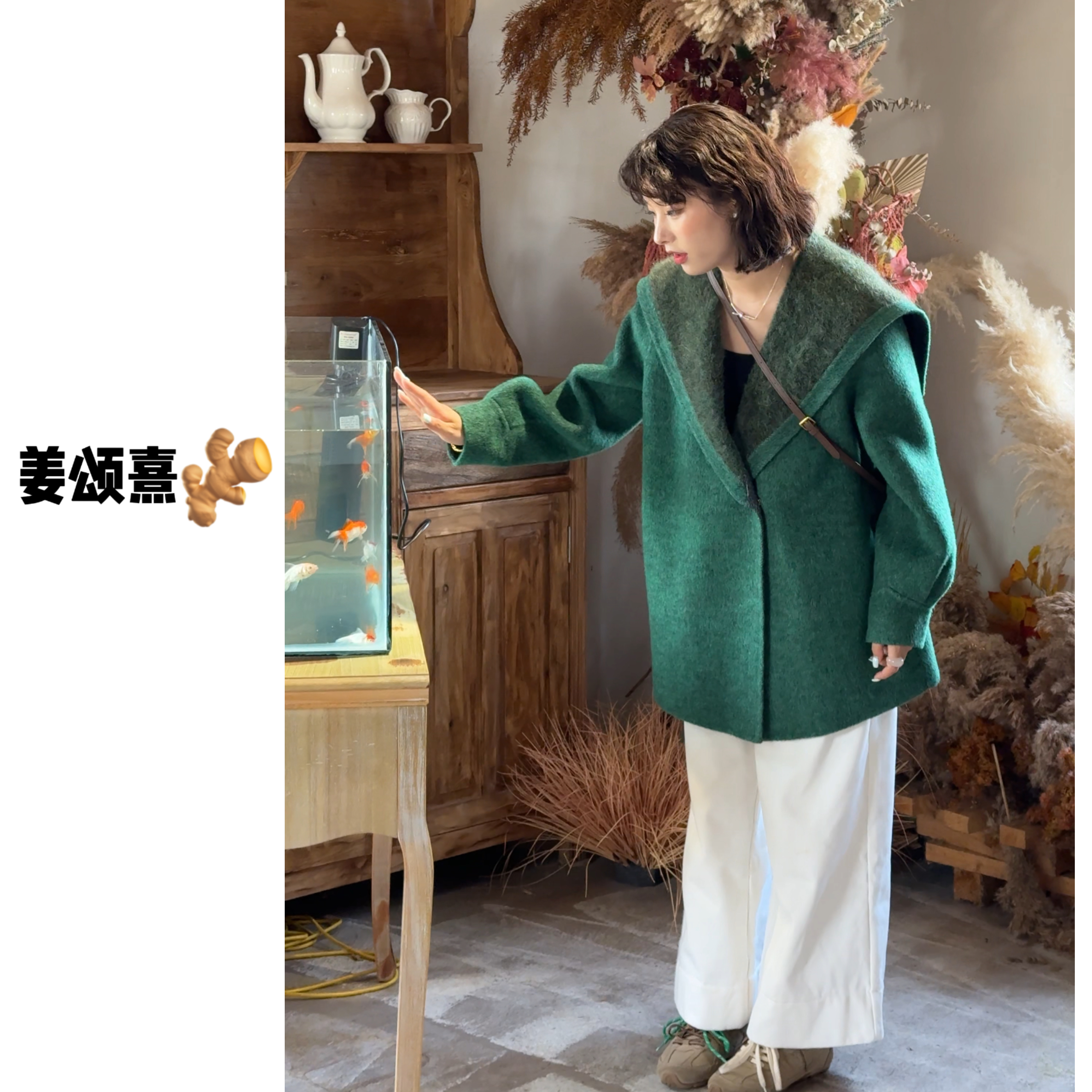 【】秋季新品绿色气质时尚百搭韩版小个子双面羊毛大衣25181