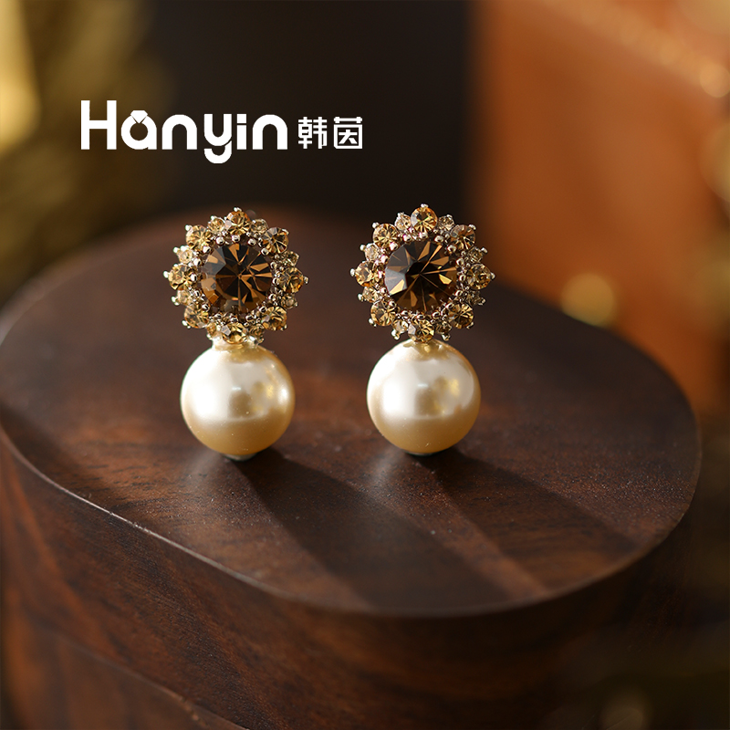 铜合金合成锆石耳饰 925银针 10mm摩卡慕斯珠珠茶晶色泡泡耳钉