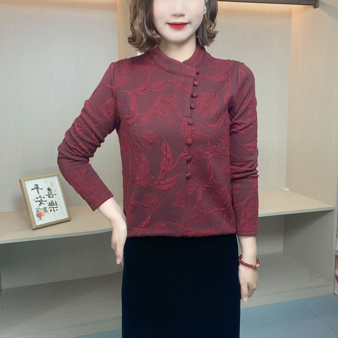 冬季新款复古国风加厚中式立领提花时尚百搭长袖修身气质上衣K850