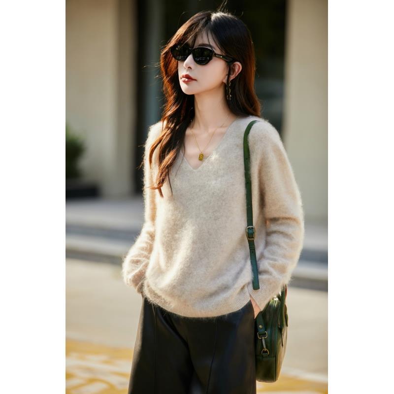 山羊绒高端一线成衣拉绒宽松V领上衣内搭慵懒通勤NJR2107