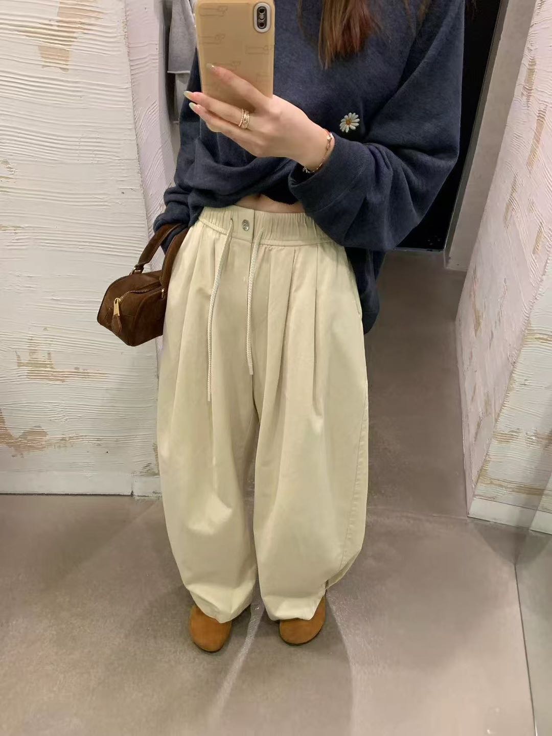 韩国单！纯色一粒扣加绒休闲羊毛裤