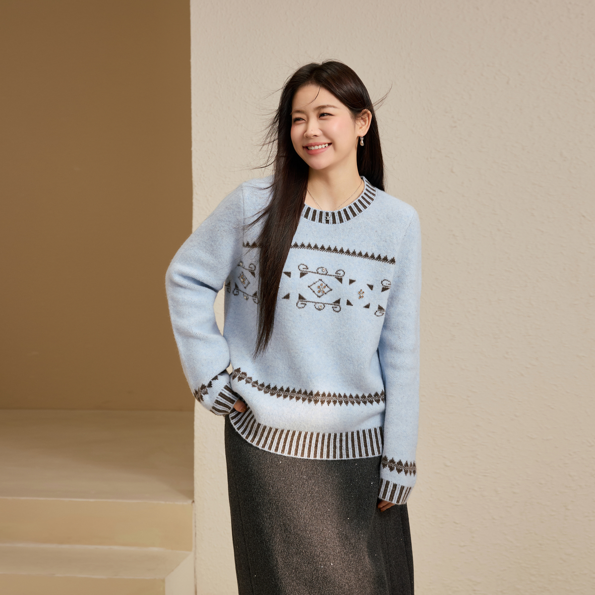 【简约休闲百搭毛衣】纤莉秀大码女装韩系慵懒复古时尚圆领QK3640