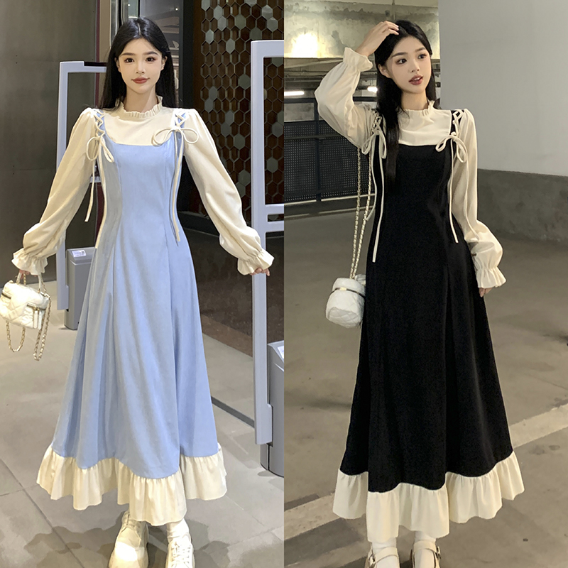 2024秋冬大码女装新款时尚胖妹妹木耳边假两件显瘦长袖长款连衣裙