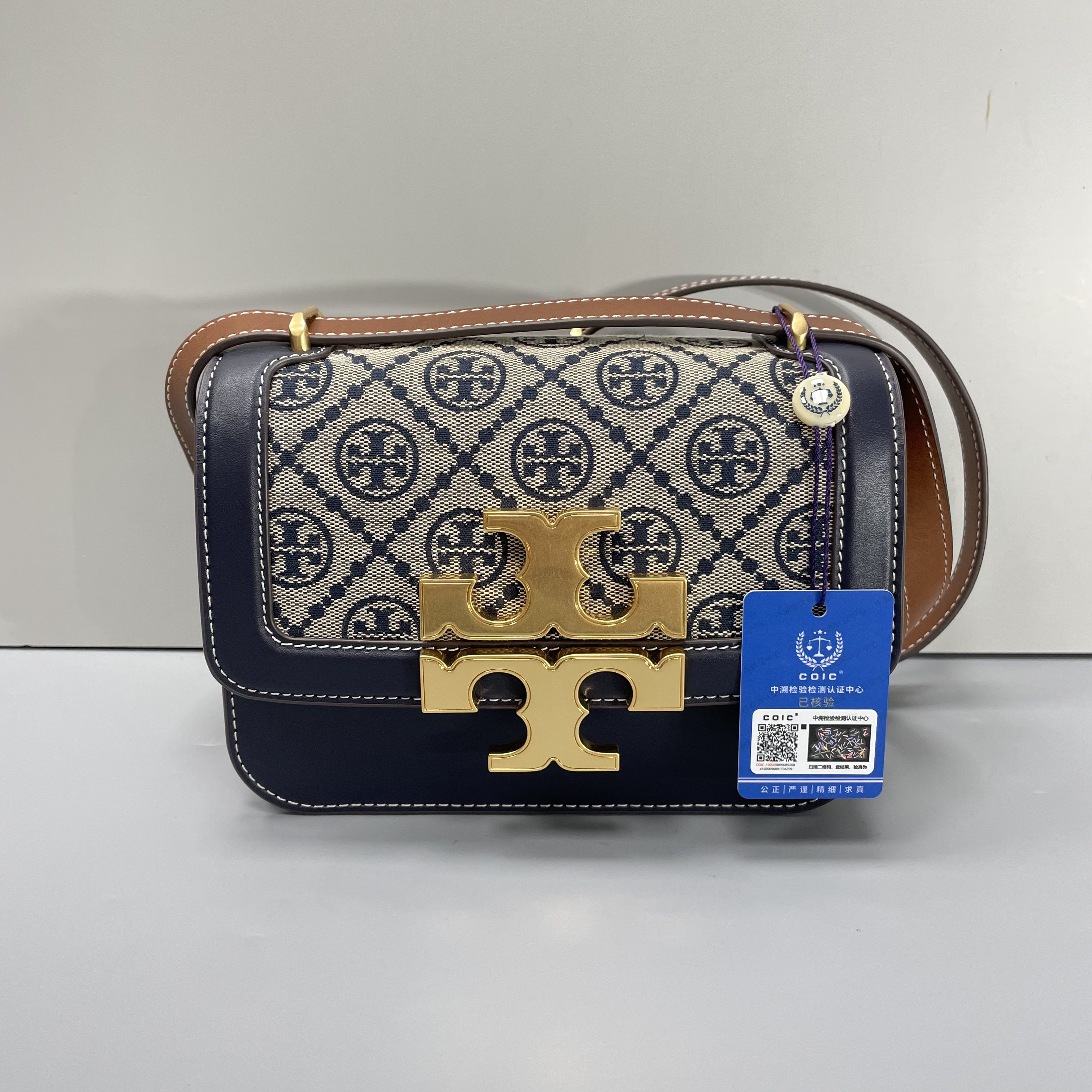 99新 TORY BURCH/汤丽柏琦 媚姐/蓝色织物斜挎包19X13X6cmS