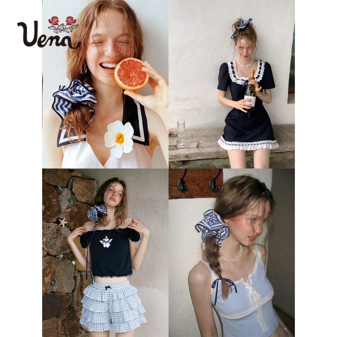 【航海日记】Uena美式复古藏青色条纹发圈大肠圈扎头发绳发饰女