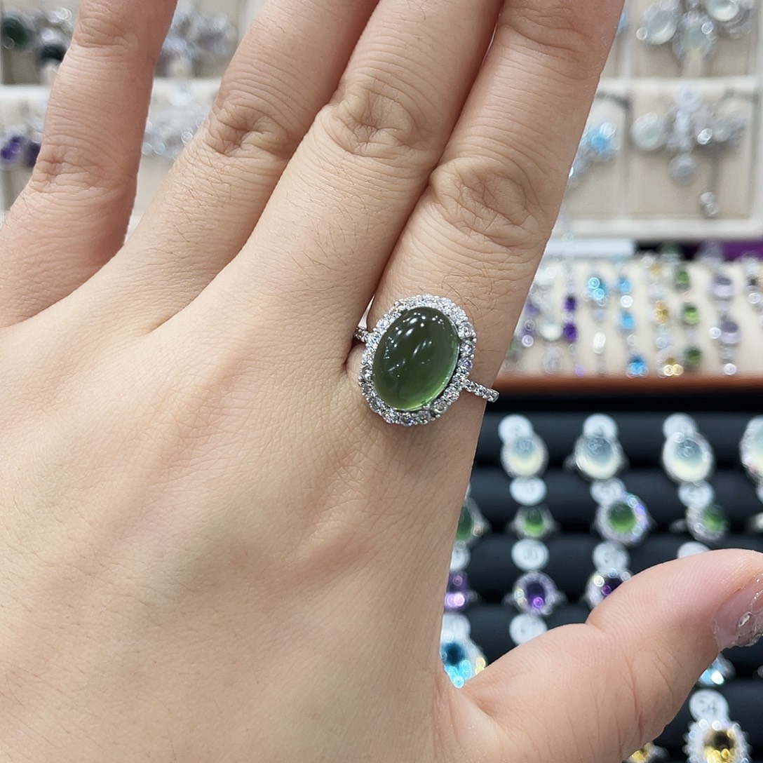 灰***灰蛇纹石玉银S925镶嵌戒指