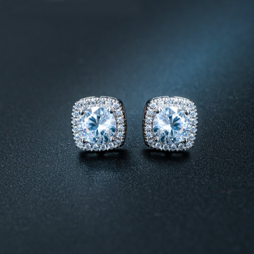 铜合金合成锆石耳饰 高奢限量款-星河冰芒-【2克拉方包耳钉】TC