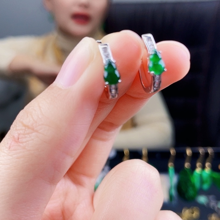 翡翠耳饰银S925镶嵌饰品