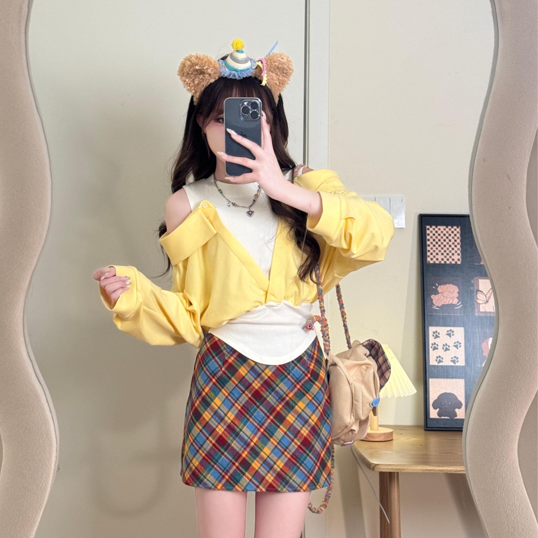 春日辣妹黄色 织物猪原创 韩系甜辣露肩假两件上衣女春A字短半裙