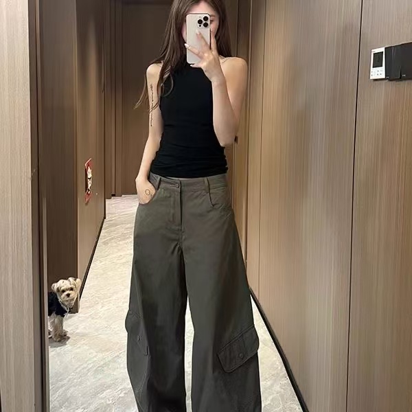 口袋夏季高腰休闲裤米灰色裤子工装裤无弹力阔腿裤