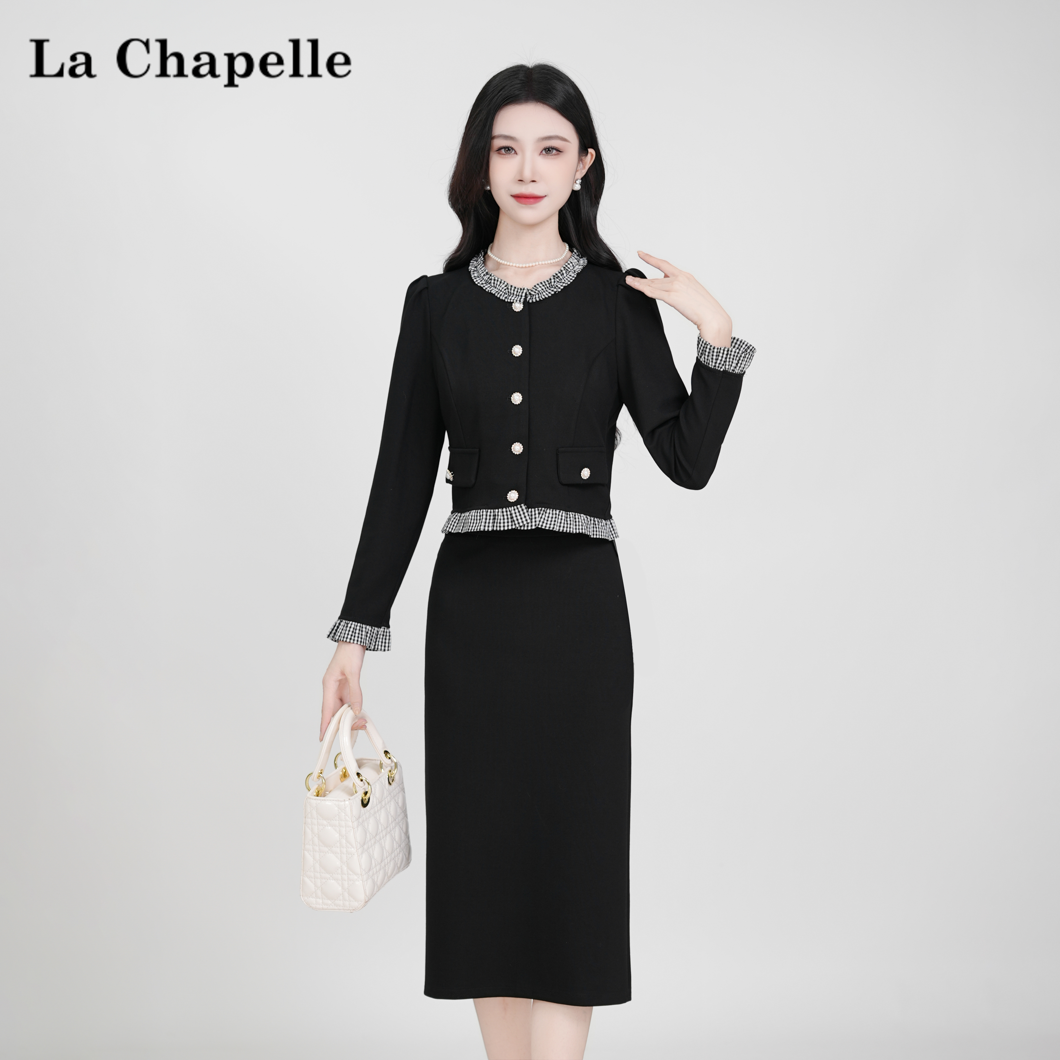 【拉夏贝尔】法式气质设计感高腰时尚修身显瘦长袖两件套女