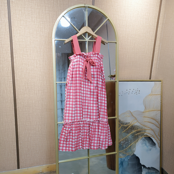 ER146孕妇红色格子带胸垫吊带裙L90-120